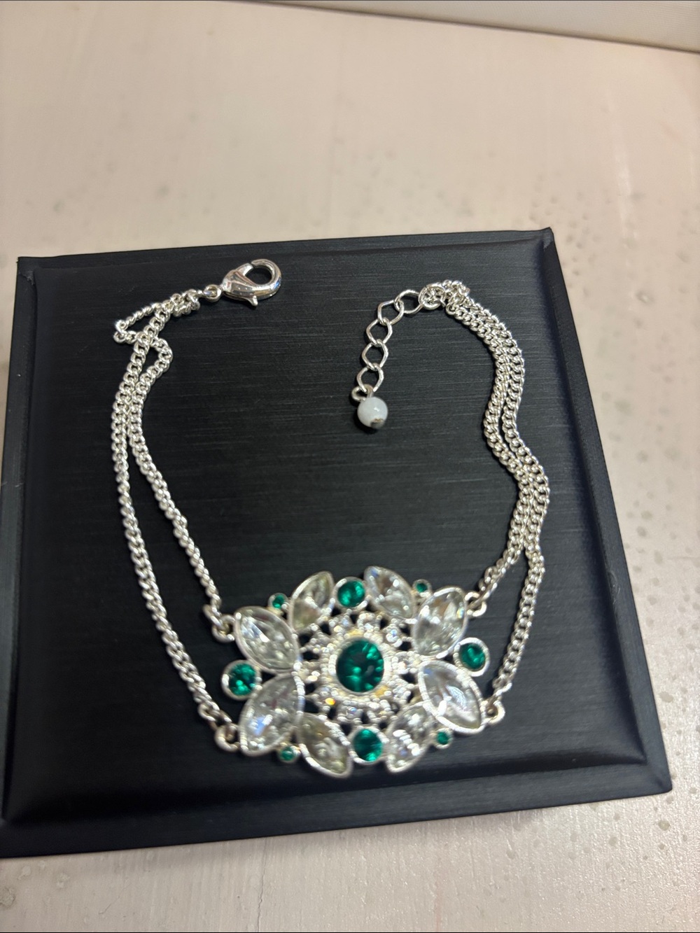 Silver-Tone Necklace with Emerald Green and Clear Stones
